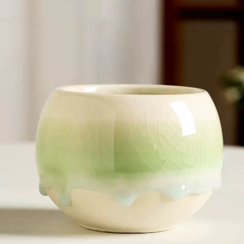 Gradient Glazed Ceramic Planter – Round Crackle Succulent Pot with Drainage