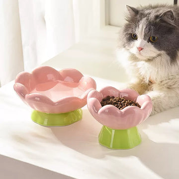 Elevated Flower-Shaped Ceramic Pet Bowl – Cute Raised Food & Water Dish for Cats and Small Dogs