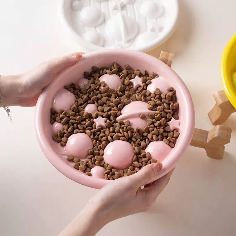 Ceramic Slow Feeder Dog Bowl with Bamboo Stand