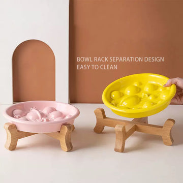 Ceramic Slow Feeder Dog Bowl with Bamboo Stand