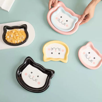 Cute Cat Face Ceramic Pet Bowl, Flat Dish, Treat plate